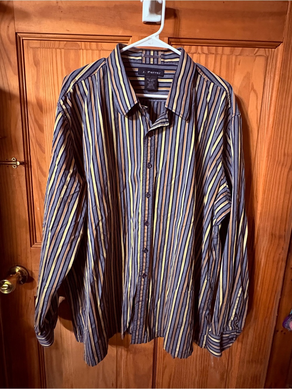 jf j.ferrar Men's Long-Sleeve Striped Dress Shirt in Blue and Yellow
